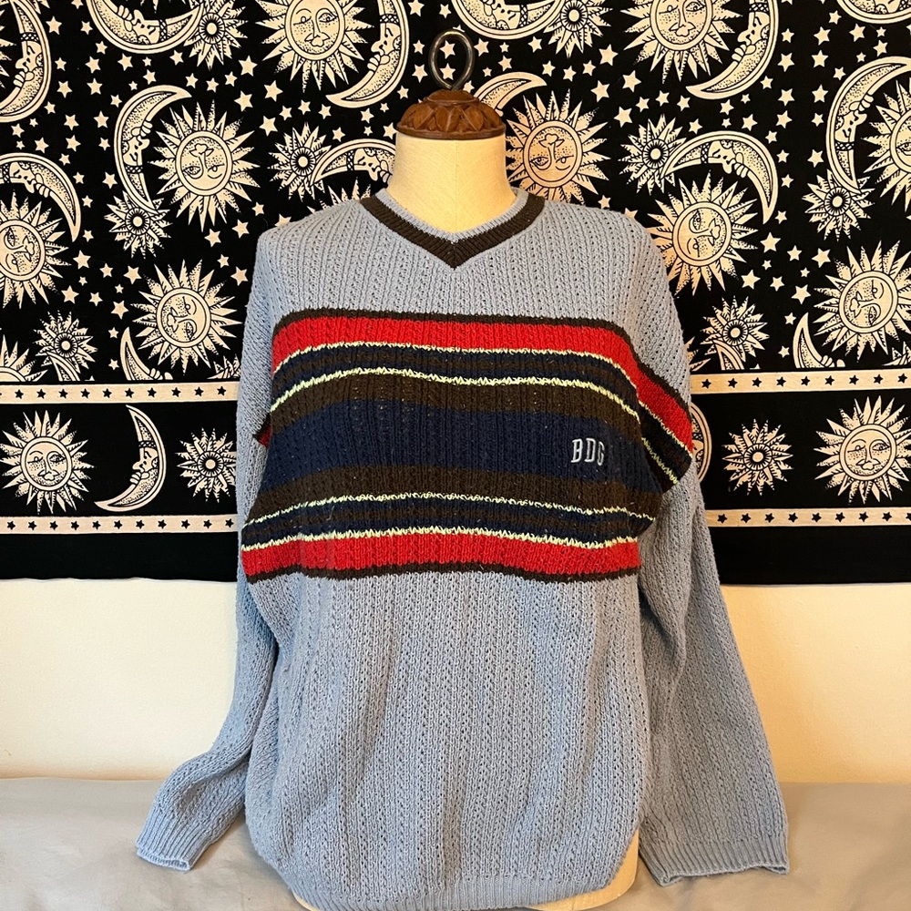 BDG V-Neck Sweater with Blue and Red Stripes